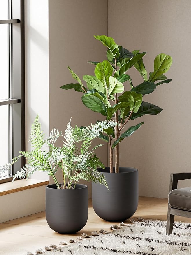 LE TAUCI 10 Inch Plant Pot, Ceramic Pots for Plants with Drainage Hole and Rubber Plug, Plant Pots Indoor for Home Garden Patio Office, Cylinder Planters for Indoor Plants, Charcoal Gray