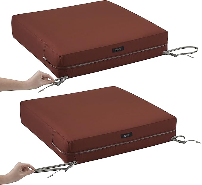 Classic Accessories Ravenna Water-Resistant 21 x 19 x 5 Inch Outdoor Seat Cushion, Durable Patio Furniture Cushion with Straps,Spice, Patio Loveseat Cushion