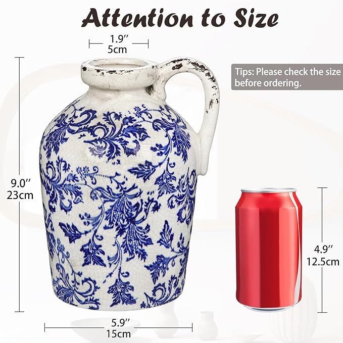 Ceramic Rustic Farmhouse Vase, 9 inch Ceramic Blue and White Vase for Centerpieces Pampas Grass Pottery Jug with Handle Boho Chinoiserie Decor Vintage Vases for Living Room Kitchen Dinner Table Shelf