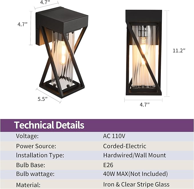 Outdoor Wall Lights Set of 2, Exterior Sconce Lighting Fixtures, Black Outdoor Porch Lights, Outdoor Wall Lantern with Clear Stripe Glass for Patio, Garage