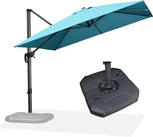 PURPLE LEAF Cantilever Umbrella with Base 9 Feet Patio Outdoor Aluminum Offset Umbrella with 360-degree Rotation for Garden Deck Pool Patio Turquoise Blue