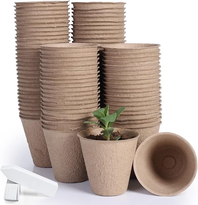 JERIA 100-Pack 3.15 Inch Peat Pots for Seedling with 100 Pcs Plant Labels,Outdoor Garden Germination Nursery Pots,Biodegradable Seed Starter Pots Kits