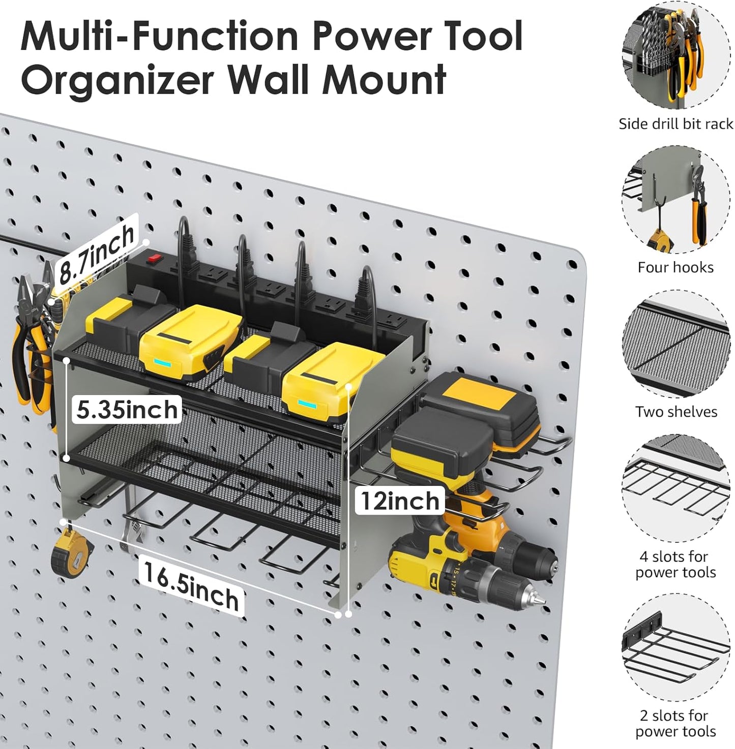 CCCEI Modular Power Tool Organizer Wall Mount Charging Station, Grey 6 Drills Holder with 8 Plug Power Strip 10FT, Garage Drill Battery Heavy Duty Metal Shelf, Utility Rack with Hooks, Side Storage.