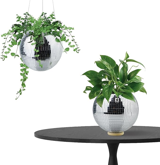 6inch Disco Ball Hanging Plant Pots,Plant Disco Ball Silver Mirror Disco Planter with Chain Hook for Indoor Outdoor Decor and Wooden Stand for Desk,Self Watering Insert Pots, Boho Disco Ball Planter