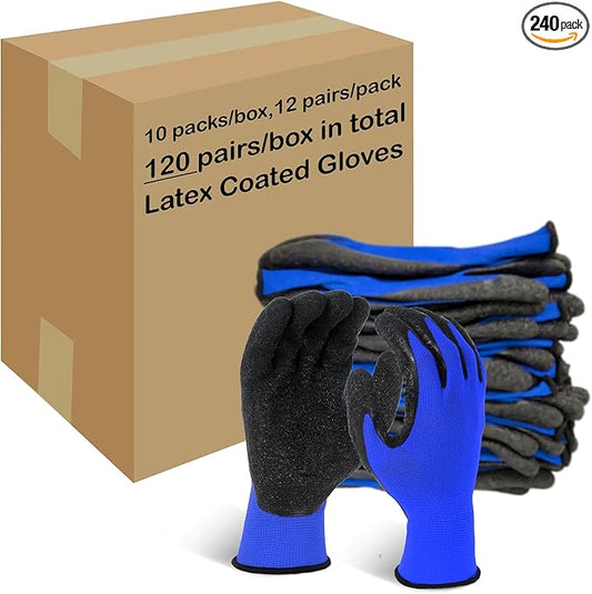 Evridwear Crinkle Latex Rubber Hand Coated Safety Work Gloves for Men Women General Multi Use Construction Warehouse Gardening Assembly Landscaping (M-Size) Blue 120 Pairs Pack