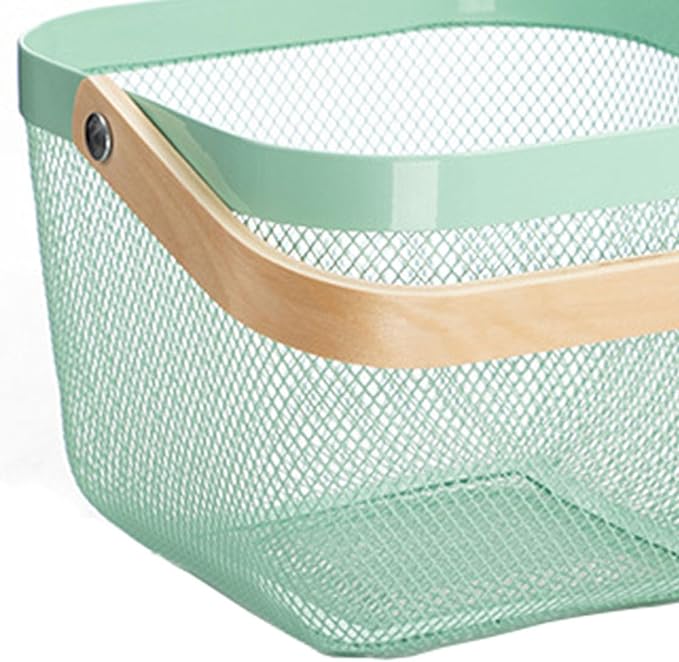 Metal Mesh Steel Basket, Storage Organizer Basket Multi-functional Hanging Kitchen Baskets Fruit Basket with Wooden Handle for Kitchen Bathroom Picnic Shopping Decor Cabinet Home, Macaron Blue