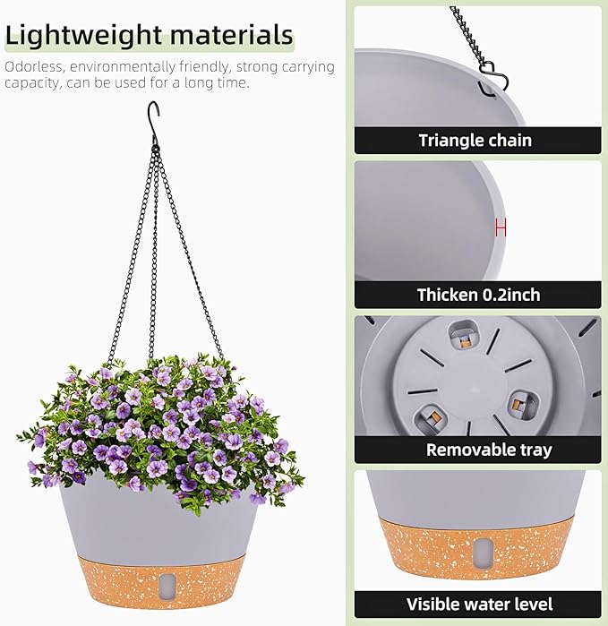 QCQHDU 2 Pack Hanging Planters for Indoor Outdoor Plants, 8 Inch Hanging Baskets Flower Pots with Reservoir Tray & Visible Water-Level