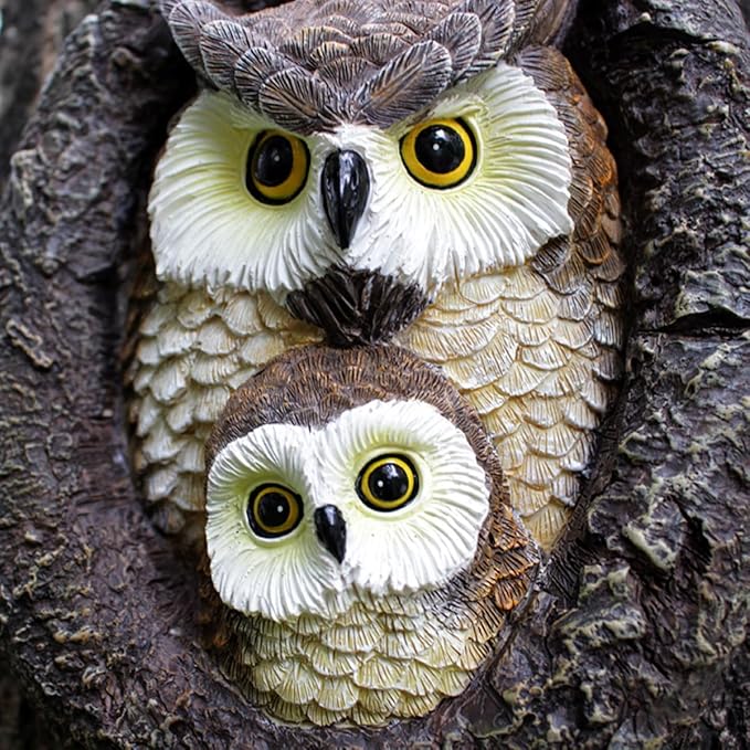 Owl Tree Hugger Whimsical Tree Sculpture Garden Statues Outdoor Tree Face Decor Garden Peeker Yard Art Decorations (Mom and Baby Owl)