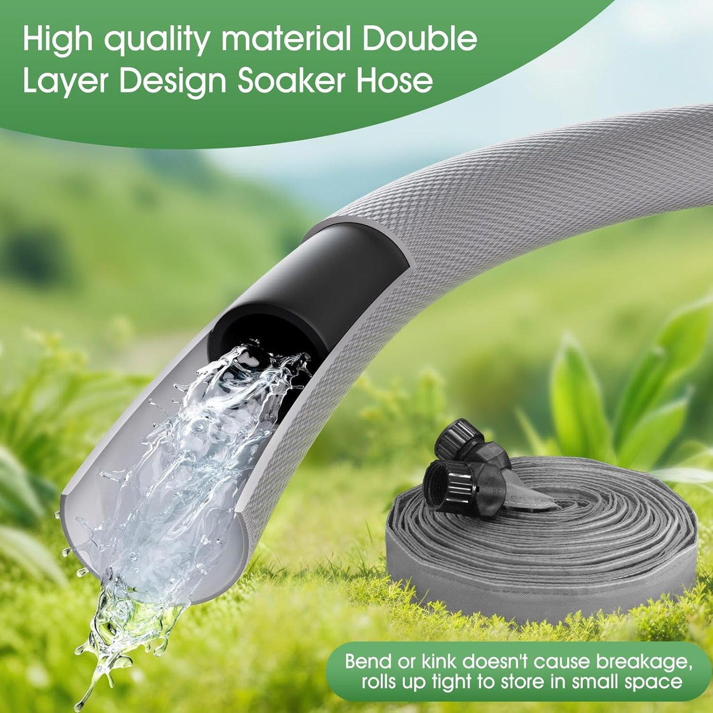 Flat Soaker Hose for Garden Beds 50 ft,Linkable Drip Irrigation Hose Save 80% Water, Leakproof Watering Hose with Holes, Duty Double Layer Flexible Leakproof
