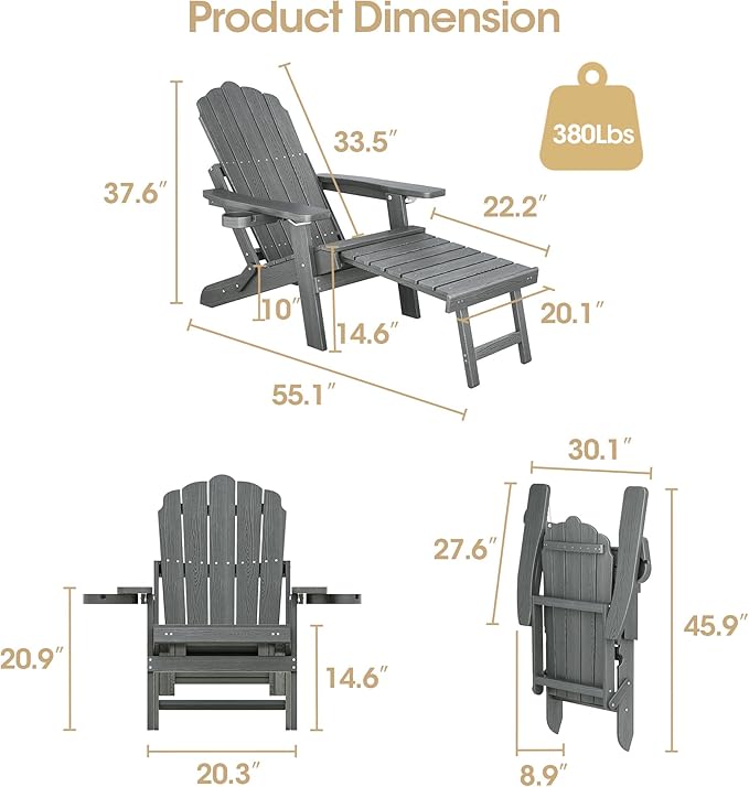 Folding Adirondack Chair Set of 2 with Adjustable Backrest, Adirondack Chair with Ottoman with 2 Cup Holders, for Outdoor Beach Garden Porch Lawn Pool Deck, Grey