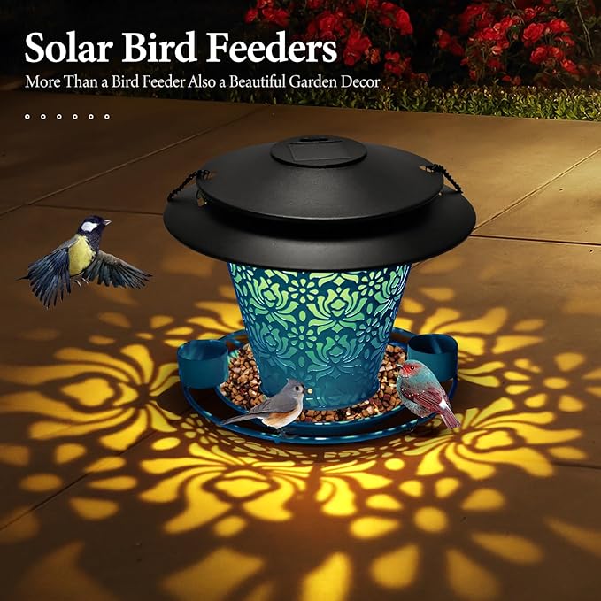 Solar Bird Feeders for Outside Hanging Metal Wild Bird Feeder Solar Lanterns Outdoor Waterproof Garden Decor for Yard Blue