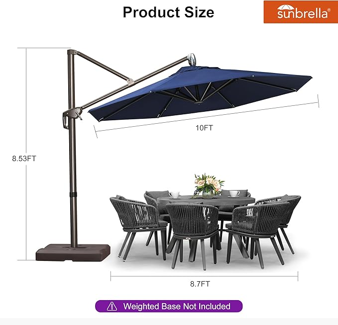 PURPLE LEAF 10FT Cantilever Patio Umbrella with 360-degree Rotation Aluminum Round Outdoor Offset Handing Umbrella for Patio Pool, Spectrum Indigo