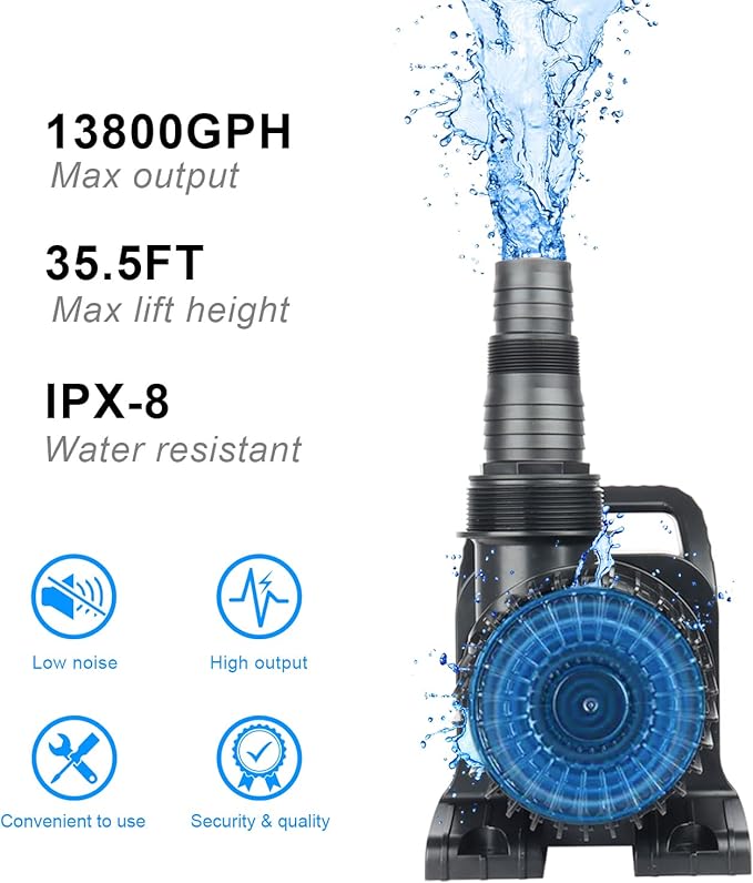 Outdoor Extra Large 13800gph-1100W 32.8FT Pond Water-fall & Kio Fish Fountain-s& Garden Pump Submersible IPX8:Long 32.8FT Cord Smart-er&Quieter Duck&Yard&Patio Ponds Pumps,1 Barrier Pump Bag