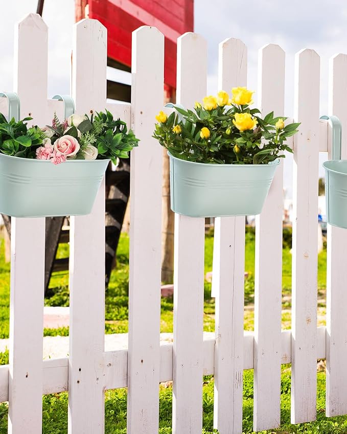 vensovo Metal Railing Planter for Outdoor Plants - 3 Pack Balcony Hanging Flower Pots with Detachable Hooks and Drain Holes Oval Bucket Rail Box Fence Planters for Home Garden Decor, Light Green