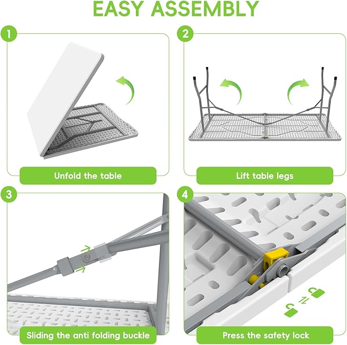 Folding Table 6ft, Foldable Portable Heavy Duty Plastic Fold-in-Half Utility Table with Handle & Safety Locks, Picnic Table Indoor Outdoor for Camping, Picnic and Party