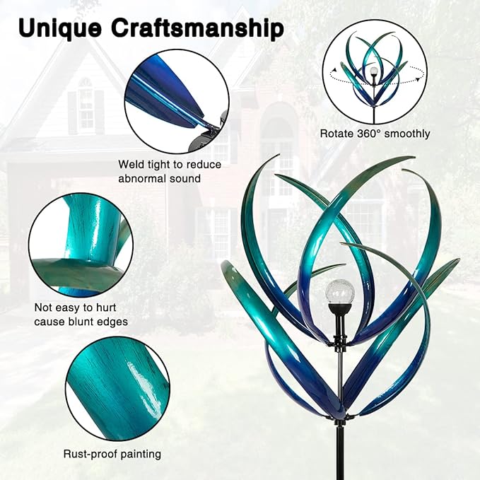 82 inch Wind Spinners Outdoor - Extra Large Outdoor Metal Wind Sculptures Spinners with Solar Light, Windmills for The Yard Garden, Yard Art Garden Lawn Decor - Peacock Blue