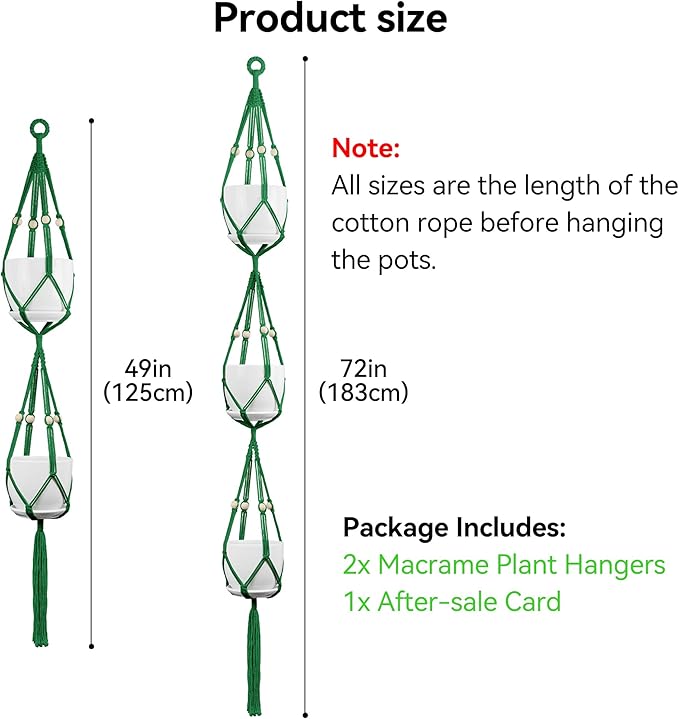USLAI Macrame Plant Hanger Indoor Outdoor, Up to 4-15 inch Pot, Heavy 20lb Planters, Extra Long Strong Hanging Planter Basket Holder, Boho Home Decor, 49+72 Inch, Green (POTS NOT Included)