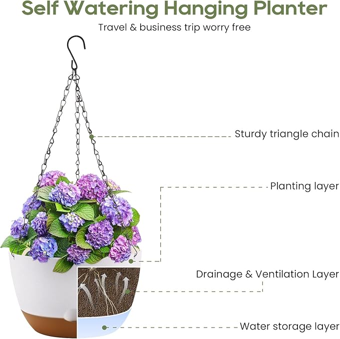 10 Inch Hanging Planter, 2 Pack Hanging Plant Self Watering Pot with Drainage Holes & Saucers, Hanging Baskets Flower Pots with Black Macrame Rope Hangers for Garden Home -White
