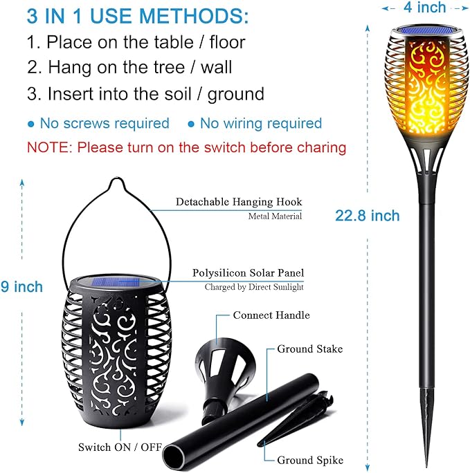 Solar Torch Lights Outdoor, Realistic Flickering Flame Solar Tiki Torches, 3-in-1 Fire Effect Hanging Lanterns with Detachable Hook, Auto On/Off for Garden, Pathway Lighting (4 Pack)