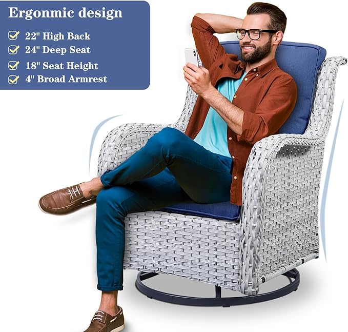 Outdoor Swivel Rocker Patio Chairs Set of 3,High Back Swivel Patio Chairs Wicker Furniture Set,2 PCS Rattan Swivel Rocking Chair with Side Table,Light Grey Wicker (A089-2)