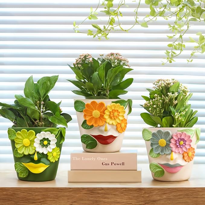 GUGUGO Unique Face Flower Plant Pots, Colorful Cute Succulent Planters with Drainage, Abstract Rainbow Head Flower Planters Pots for Indoor Plants, Funny Eclectic Home Décor (Blue&Pink, 5Inch)