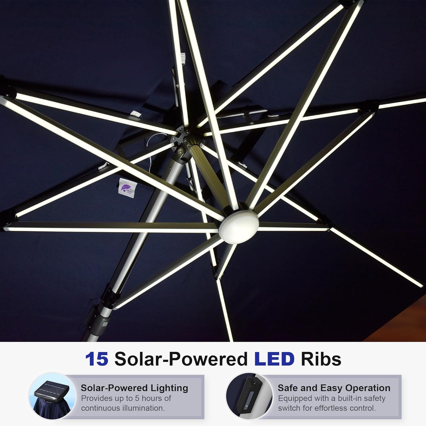 PURPLE LEAF 10 Feet Double Top Deluxe Solar Powered LED Square Patio Umbrella Offset Hanging Umbrella Outdoor Market Umbrella Garden Umbrella, Navy Blue
