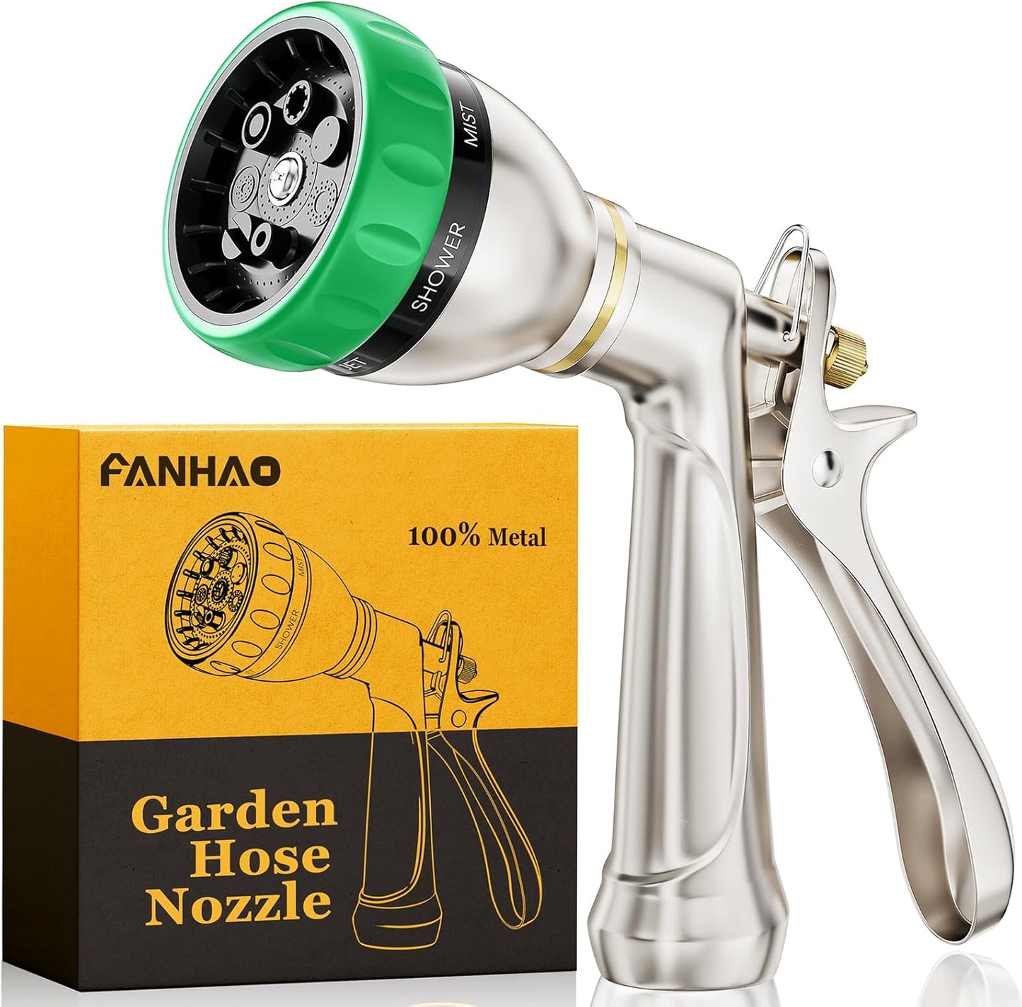 FANHAO Heavy Duty Garden Hose Nozzle, 100% Metal Water Hose Sprayer with 7 Spray Patterns, Ergonomic Rear Trigger, High Pressure Water Nozzle Sprayer for Watering Plants, Washing Car and Pet