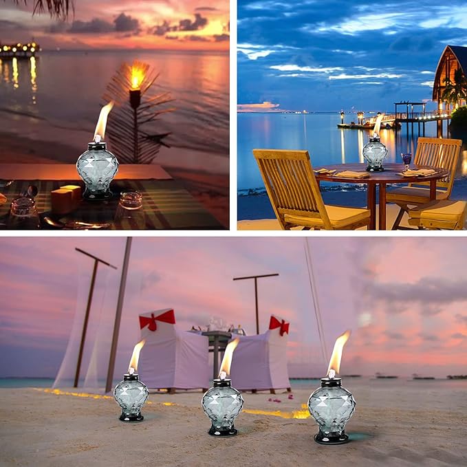 tewei 4 Pack Glass Table Top Light Torches for Outside, Easy to Refill Glass Citronella Torches Outdoor Lanterns, Wick and Cap Included Torch for Garden Patio Yard Party