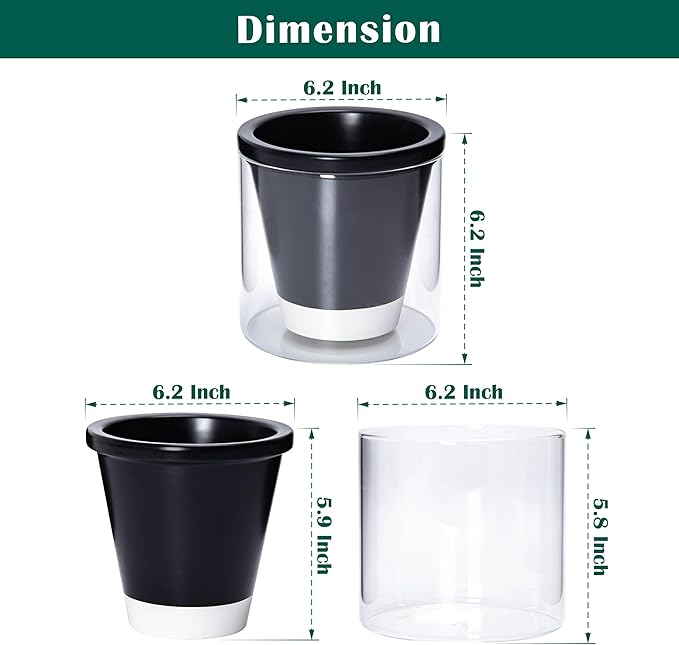 D'vine Dev 6 Inch Design Self Watering Planter for Indoor Plants, Black Terracotta Pot with Cylinder Glass Cup, 37-X-B-3