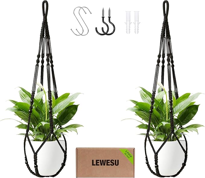 Macrame Plant Hanger Indoor Set of 2 with 4 Hooks, Indoor Outdoor Hanging Planter for Plants Holder with Decorative Wood Beads & No Tassels, Boho Home Decor, 35 Inch Black (Pots Not Included)