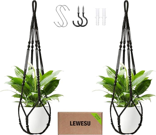 Macrame Plant Hanger Indoor Set of 2 with 4 Hooks, Indoor Outdoor Hanging Planter for Plants Holder with Decorative Wood Beads & No Tassels, Boho Home Decor, 35 Inch Black (Pots Not Included)