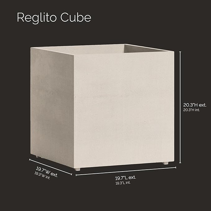 Reglito Cube Planter – Fiberglass Indoor/Outdoor and Weather-Resistant Large Planter (Sand Stone, 19.7" L x 19.7" W x 20.3" H)