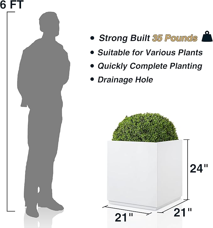 Metallic Heavy Planter Box for Outdoor or Indoor, No Assemble and Seamless, Large Square Planter, Cube Planter for Tall Trees, Plants, Flowers 21Lx21Wx24H 35Pounds White