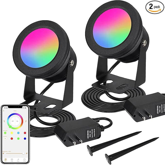 Christmas Spot Lights Outdoor 15W RGB Color Changing Landscape Lights with APP Control IP67 Waterproof Spotlight Outdoor 12V Low Voltage Landscape Lighting Outdoor Spotlights for Yard -2Pack