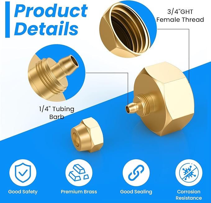 SDTC Tech 2 Pack Garden Hose Adapter, Solid Brass Drip irrigation hose connector, Standard 3/4" GHT Female Thread to 1/4" Tube Adapter for Water Hose, Convert 3/4" Garden Hose to 1/4" Tube