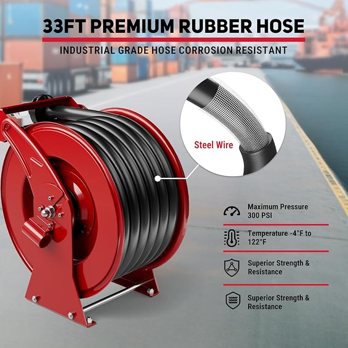 Fuel Hose Reel, 1" x 33' Retractable Diesel Fuel Heavy-duty Steel Construction with Refueling Nozzle, 300 PSI Diesel Reel Used for Aircraft Ship Vehicle Tanker Truck