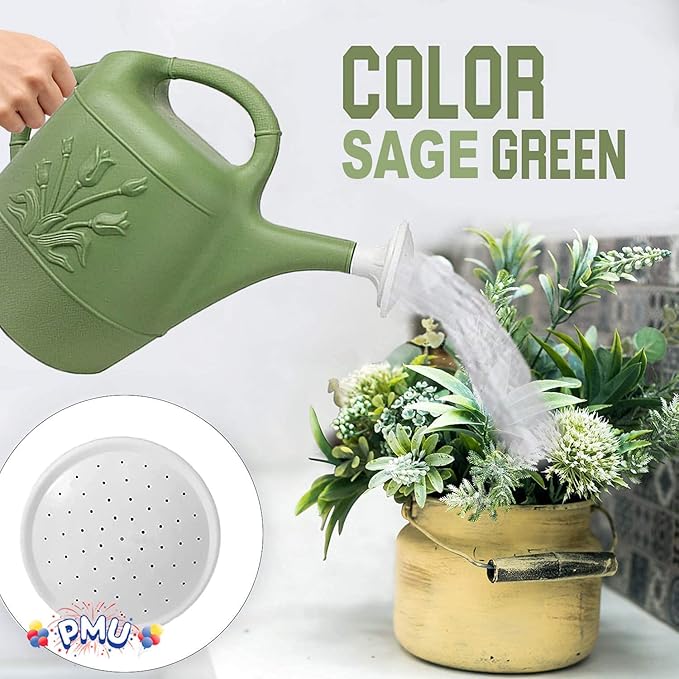 PMU 2 Gallon Watering Can - Garden Watering Can for Indoor & Outdoor Plants - Plastic Water Can with Detachable Sprinkler Head - Large Water Pot, Made in USA - Sage Green Pkg/3