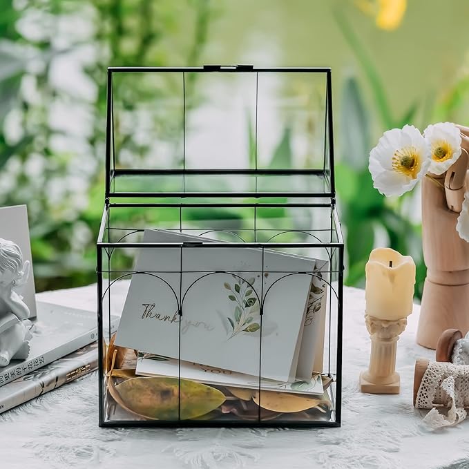 NCYP Glass Terrarium with Lid for Cacti, Succulents, Small Plants - 7.5 x 4.9 x 9 inches Closed Geometric Planter Box - Home Indoor Tabletop House Shape Decorative, Black (Terrarium Only)