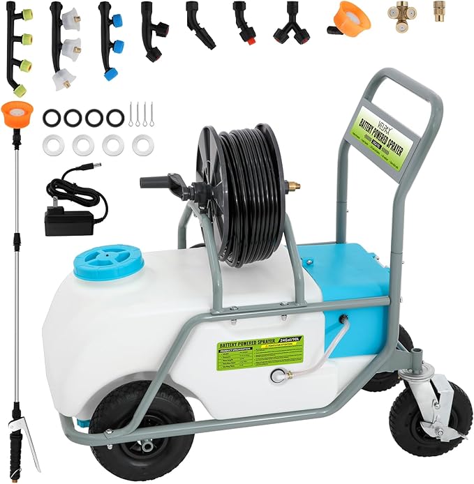24 Gallon Battery Powered Sprayer,90 PSI Electric Pump,6 Hours Long Battery Life,12V 8Ah Battery,Adjustable HD Wand and 10 Nozzles,Portable Sprayer with Wheels for Lawn & Garden Spraying, Cleaning