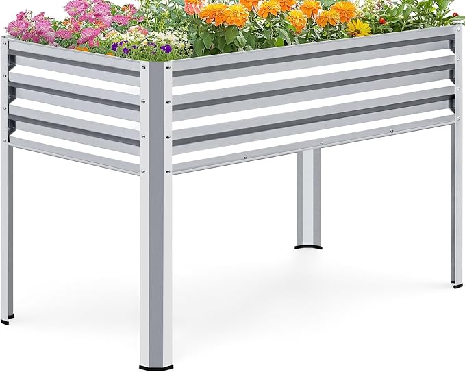KING BIRD Large Raised Garden Bed with Legs Galvanized Elevated Planter Box 48×24×30 in for Backyard, Patio, Balcony, 400lb Capacity, Silver