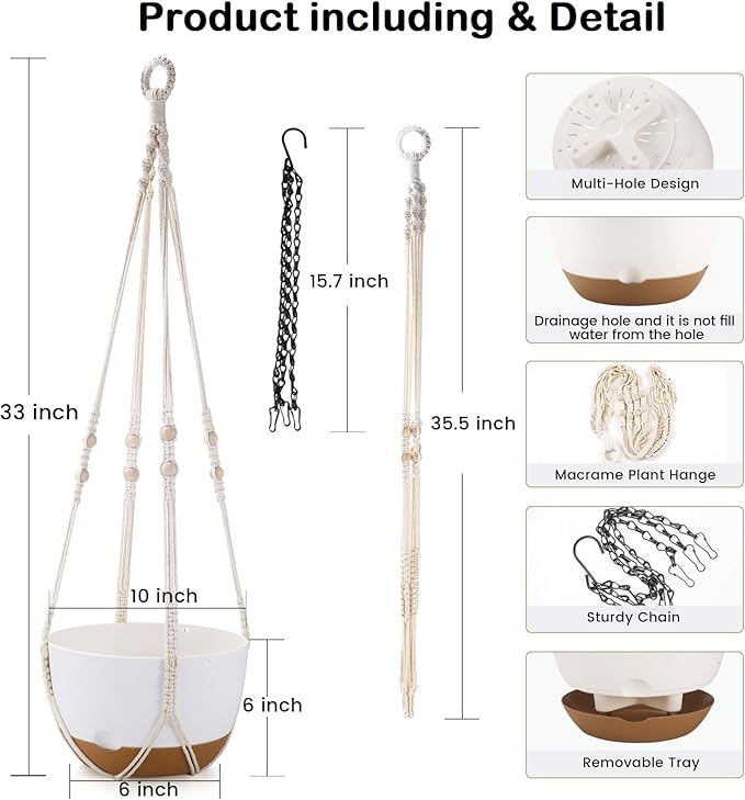 10 Inch Hanging Planter, 2 Pack Hanging Plant Self Watering Pot with Drainage Holes and Saucers, Hanging Baskets Flower Pots with Macrame Rope Hangers for Garden Home -White