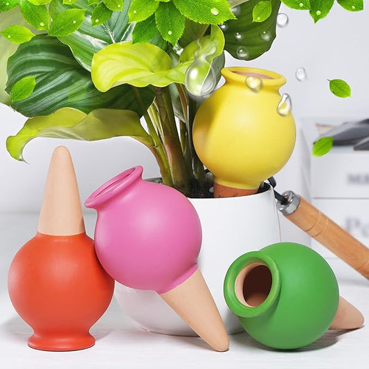 Terracotta Self Watering Spikes, 4 Pack Watering Bulbs for Indoor Outdoor Plants, Vacation Slow Release Plant Self Watering Planter Insert Devices, Colorful Water Globes While Away