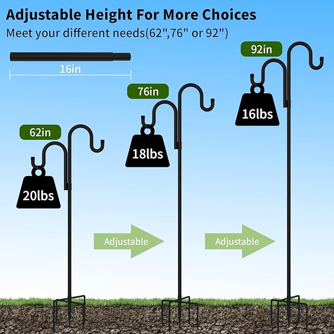 Double Shepherds Hooks for Outdoor, Bird Feeder Pole with 5 Prongs Base, Heavy Duty Garden Hook for Lantern, Wind Chime and Hummingbird Feeder, 62 Inch, 2 Pack