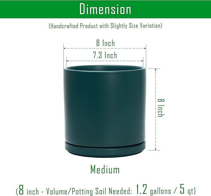 D'vine Dev 8 Inch Ceramic Planter Pot with Drainage Hole and Saucer, Indoor Cylinder Round Planter Pot, Teal, 94-O-D-9