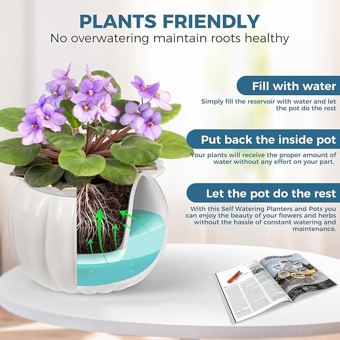 African Violet Pots, 6 inch Pumpkin-Style Ceramic Easy Self Watering Plant Pot for Busy Plant Lovers, Automatically Absorb Appropriate Amount of Water, Flower Pot Indoor-Plants Not Included