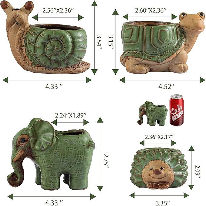 Small Succulent Pots with Drainage, Ceramic Animal Planter, Indoor Plant, Cute Cactus/Bonsai Flower Pots for Home Decor and Office Desk Decoration, A Set of 4 Pieces is Suitable as A Gift