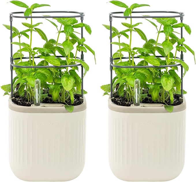 Vego garden Mini Planter Indoor Pots with Trellis Self-Watering Herb Countertop Planter for Climbing Vegetables Flowers Mint Plants Cage 2 Pack- Cream White