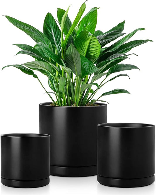 vancasso Ceramic Plant Pots, 3 Piece Planters for Indoor Plants, 4.25+5.25+6.25 Inch Flower Pots with Drainage, Plant Pots Indoor for Succulent, Pothos, Snake Plant and Money Tree, Etc (Black)