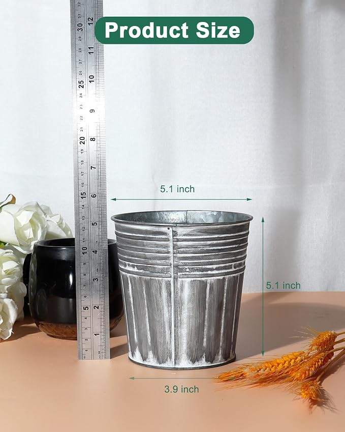 vensovo 5 Inches Silver Metal Rustic Flower Pots - 6 Pcs Small Galvanized Planters with Drainage Hole and Rubber Plug, Rustproof Tin Bucket Plant Pot Farmhouse Vintage Style for Decor