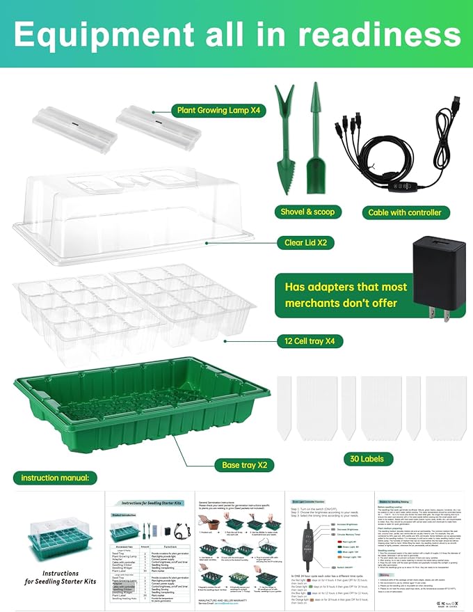 2 Packs Large Seed Starter Tray, Adjustable Brightness and Timer with 48 Full Spectrum LEDs, Seed Starter Kit with Drainage Holes, Tools and Labels for Indoor Plant Growing and Outdoor Gardening